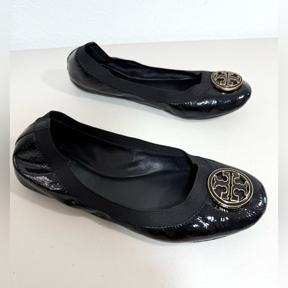 Tory Burch Caroline Ballet Flats Women’s 9 Black Patent Leather Logo Shoes - Picture 8 of 15